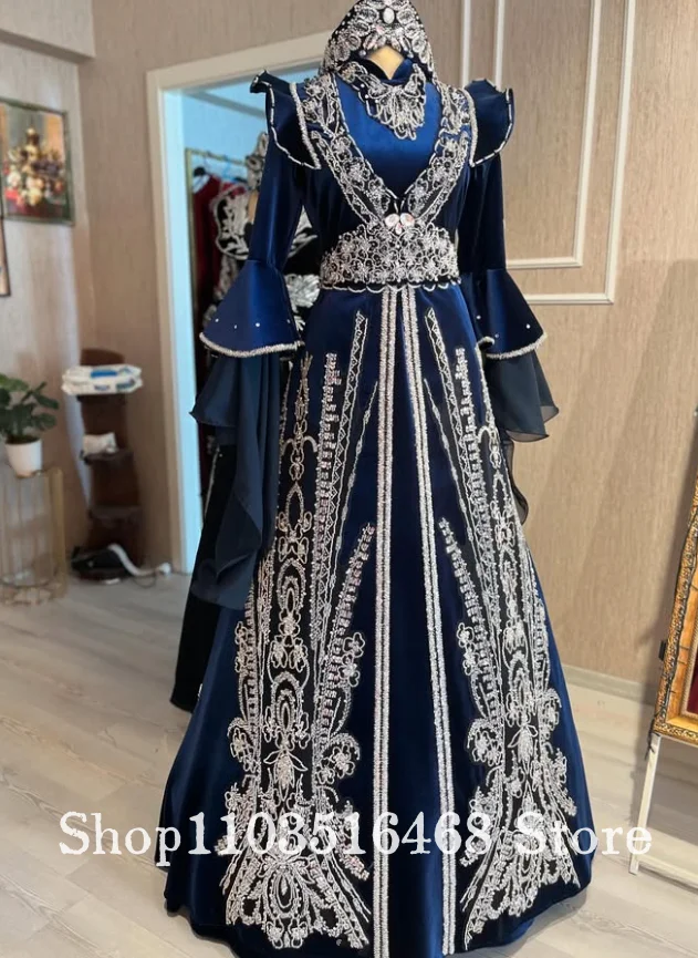 Custom Navy Blue Luxury Crystal Appliqué Evening Gown Glamorous Embroidered Ball Gown Formal Occasion Evening Dress Wedding Part