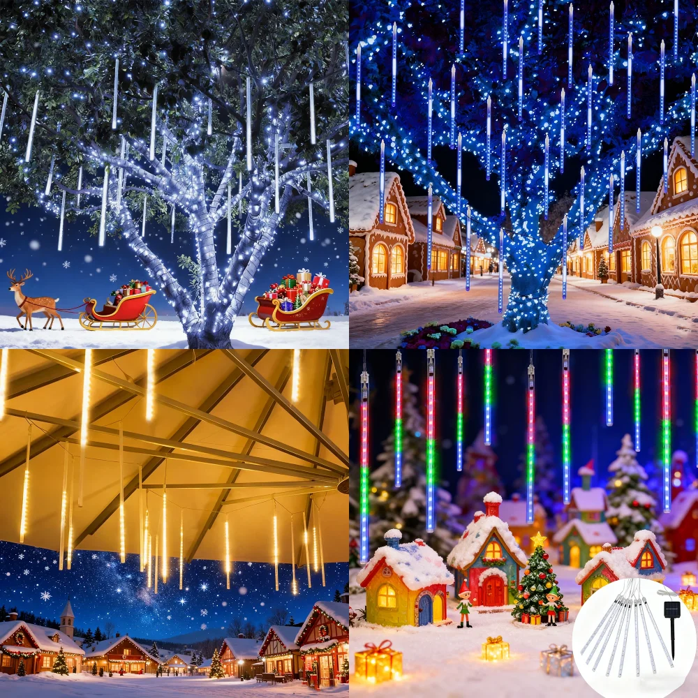 1pc Solar Meteor Shower Rain Lights, 30cm 8 Tubes LED Falling Rain Fairy String Lights  Falling Raindrop Lights
