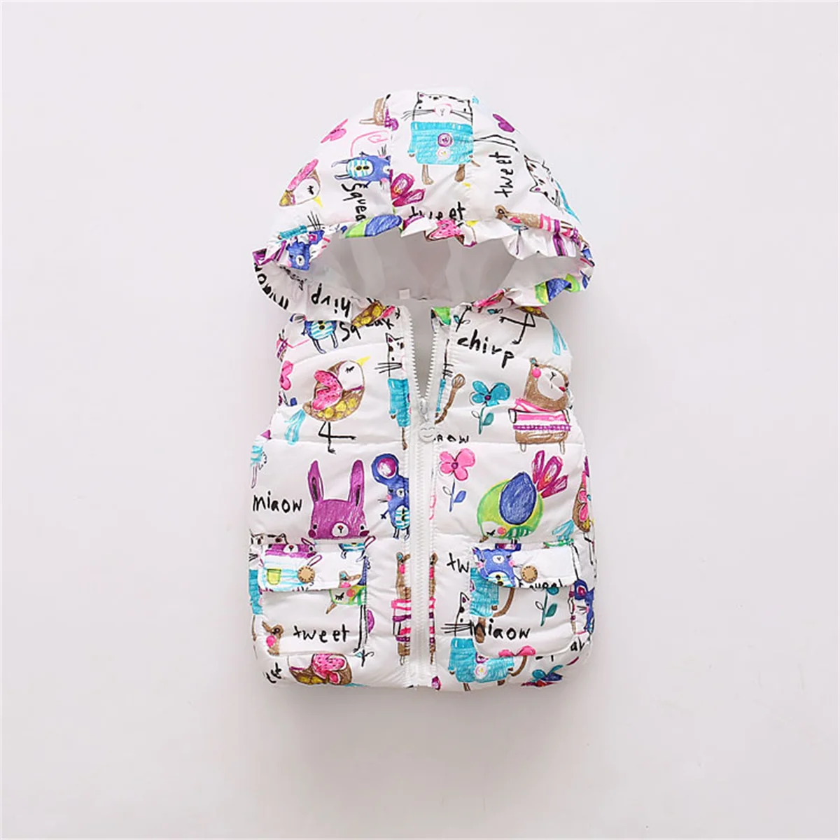 Winter Baby Sleeveless Coat Children'S Cartoon Print Hooded Zipper Filled Cotton Vest Children Wear Warm Clothing When Going Out