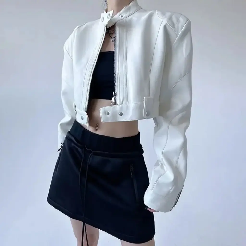 

New Korean Style Women's Fashion Zipper Leather Motorcycle Short Jacket Autumn All-match American Style Hot Girl Cuff