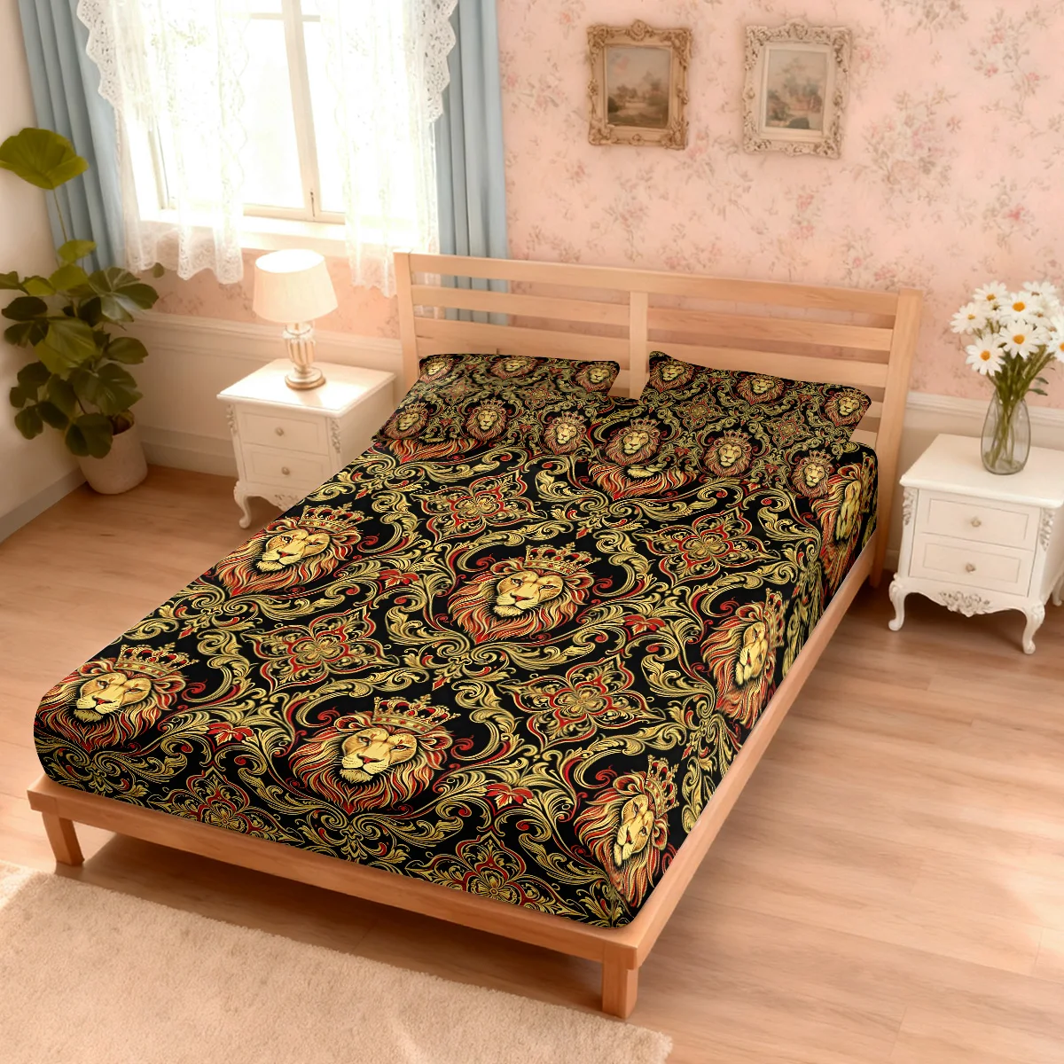 3pcs Retro Patterned Lion Print Coreless Bed Sheet Set Multiple Sizes Soft Bed Cover Bedroom Bedding Decoration Machine Washable