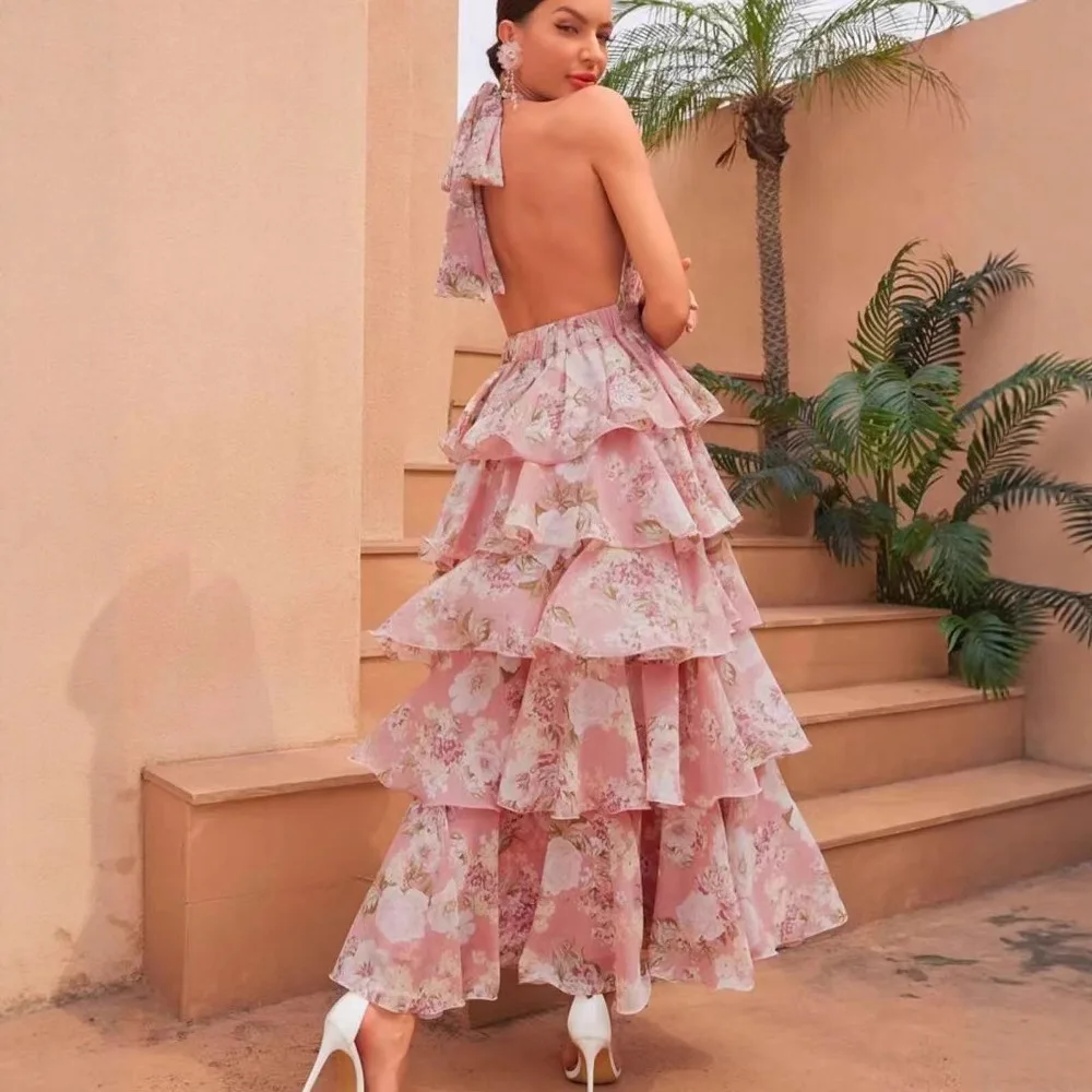 Primavera 2025 novo comércio exterior europeu e americano vestido feminino moda sexy com decote em v cinta multi camada vestido impresso