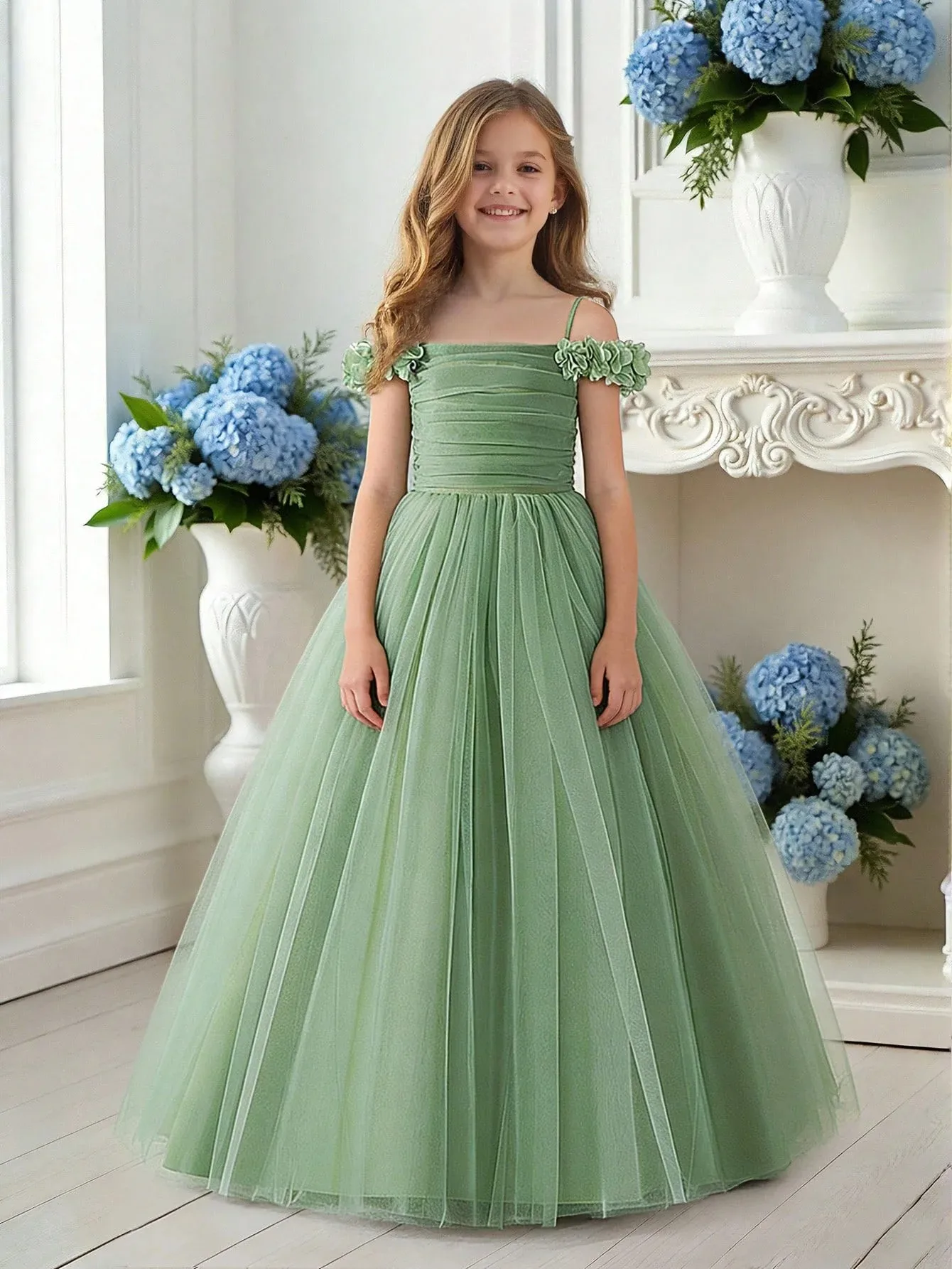 

Girl's sage green chiffon flower girl dress, off shoulder flower dress, A-line length formal dress, wedding party fluffy dress