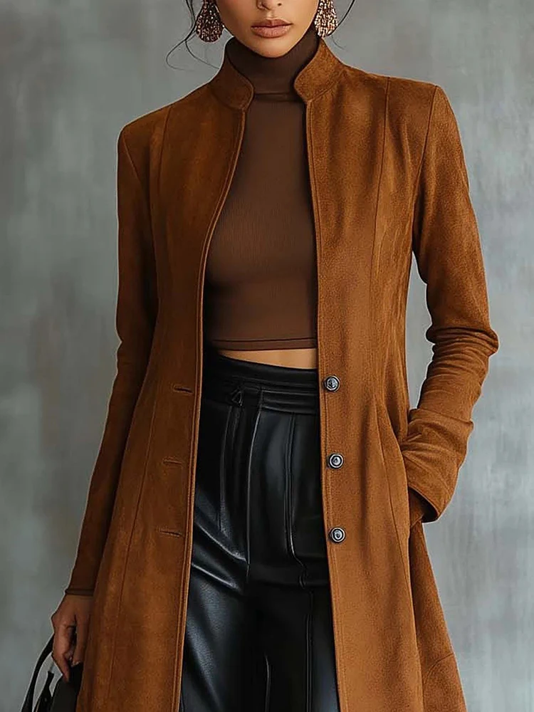

Vintage Imitate Suede Long Sleeve Stand Collar Coat Casual Women Loose Commute Long Jacket Temperament Simple Pocket Overcoat