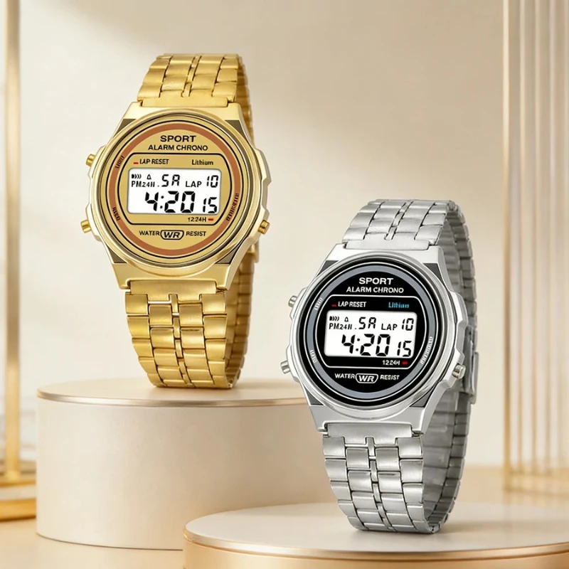 Women Casual LED Electronic Watch Retro Stainless Steel Strap Ladies LED Digital Watch Multifunction Sports Wristwatch Clock