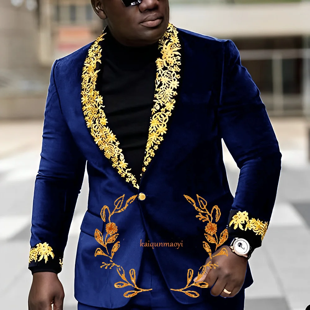 

Embroidery Men's Suit 2 Piece Set Velvet Blazer Pants Wedding Groom Tuxedo Outfit Suit for Men