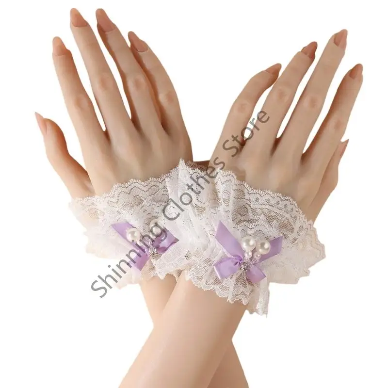 M68A Elegante Spitzen-Armstulpen mit Perlen-Bowknoten-Dekoren, Handgelenksmanschetten-Ärmel für Frauen, Teenager, tägliches und
