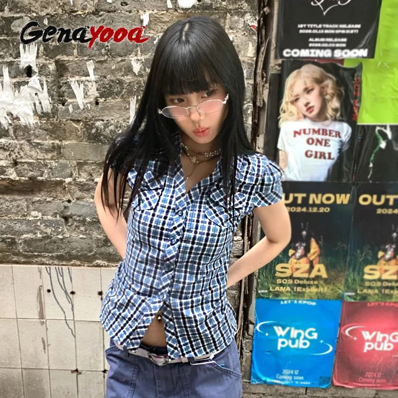 

Genayooa Y2k Fairycore T Shirt Women Plaid Slim Blouse And Shirt Short Sleeve Japanese 2000s Vintage Tee Tops E-girls Aesthetic