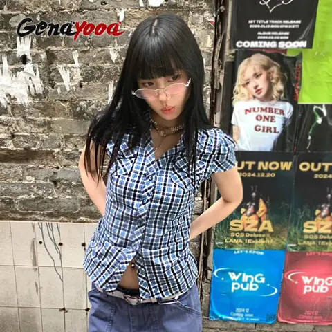 Genayooa Y2k Fairycore T 셔츠 여성 격자 무늬 슬림 블라우스 및 셔츠 반팔 일본 2000 년대 빈티지 티셔츠 E-girls Aesthetic