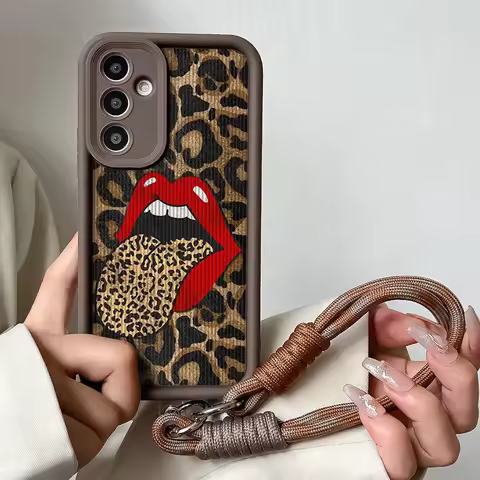 Wrist Chain Lanyard Phone Case for Samsung S24 S23 S22 S21 Plus Ultra S20 FE A50 A05 A10 11 03 04 30 20 Leopard Red Lips Cover