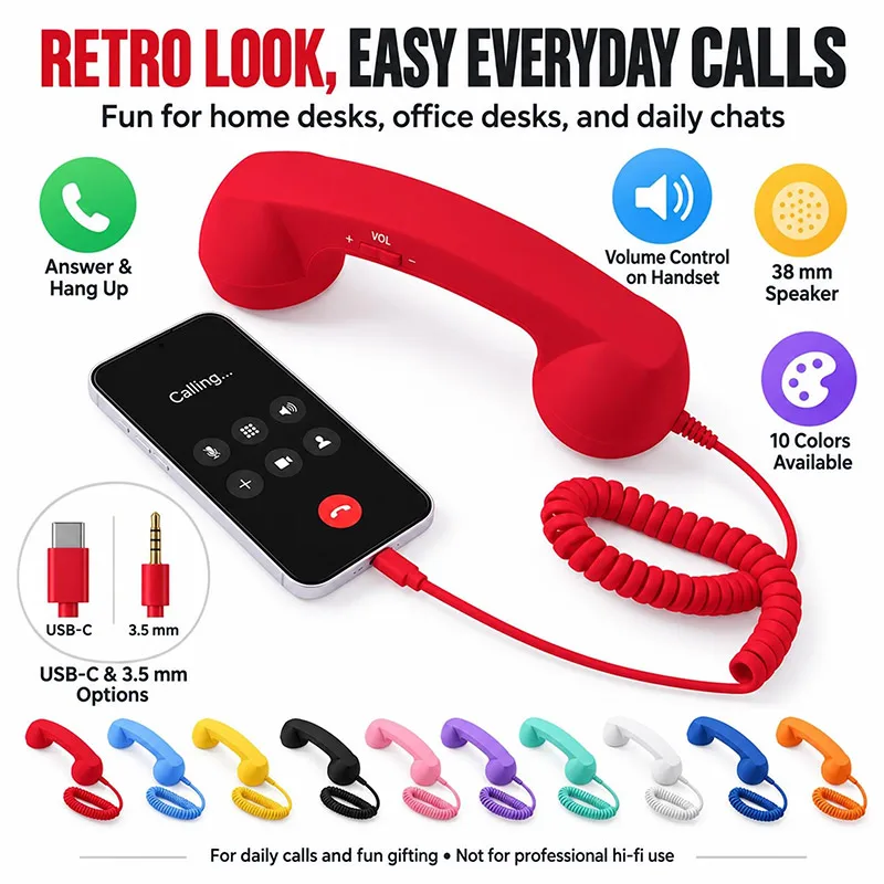 Retro Telephone Handset Receiver With Volume Control Usb‑c Standard Audio Jack Option For Mobile Phone Music Listening Portable