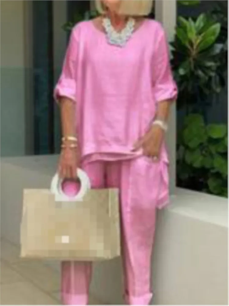 심플 코튼 린넨 여성 정장 가을 O넥 긴팔 루즈 블라우스 와이드 레그 팬츠 투피스 세트 여성 캐주얼 의상