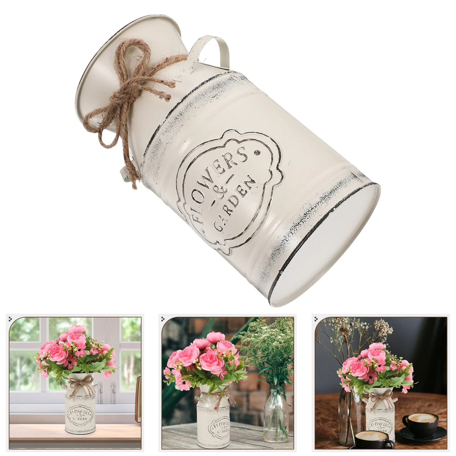 

Rustic Iron Vintage Milk Jug Vase Natural Rope French Pitcher Dried Flower Bucket Farmhouse Centerpiece Table Decor