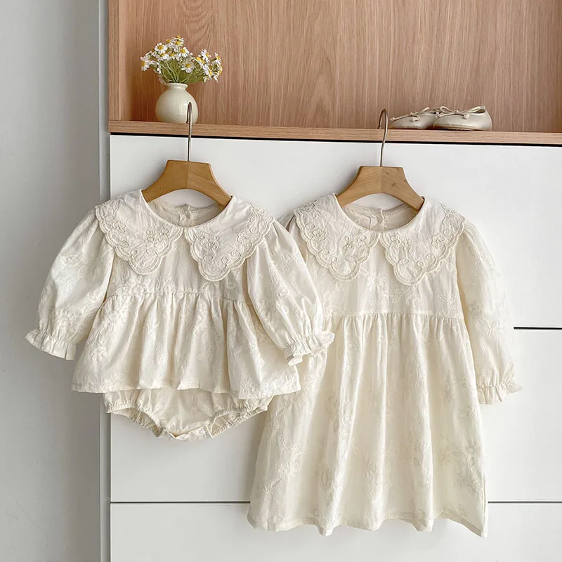

Spring Girls Long Sleeve Sweet Sisters Embroidery Dress Autumn Infant Newborn Rompers Kids Birthday Baby Princess Clothes Romper