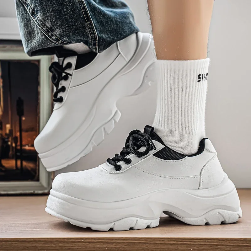 

2025 New Thick-soled Derby Matte All Black Sports Dad Shoes Men British Round Head Heightening Muffin Leather Shoes