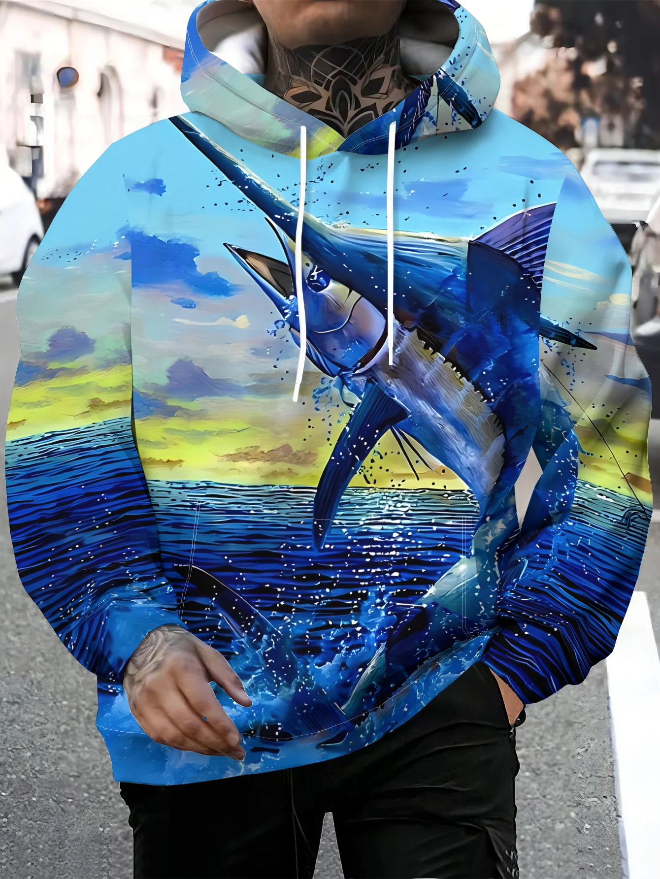 Men Blue Ocean Sunrise Marlin Fish Jumping Splash 3D All Over Print Hoodie Sea Scenery Graphic Casual Sweatshirt
