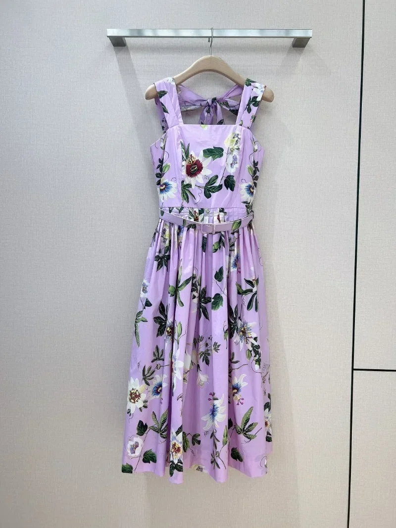 

2024 New Summer High Quality White Floral Leaf Print Sleeveless Tighten Waist Knee-length Dress