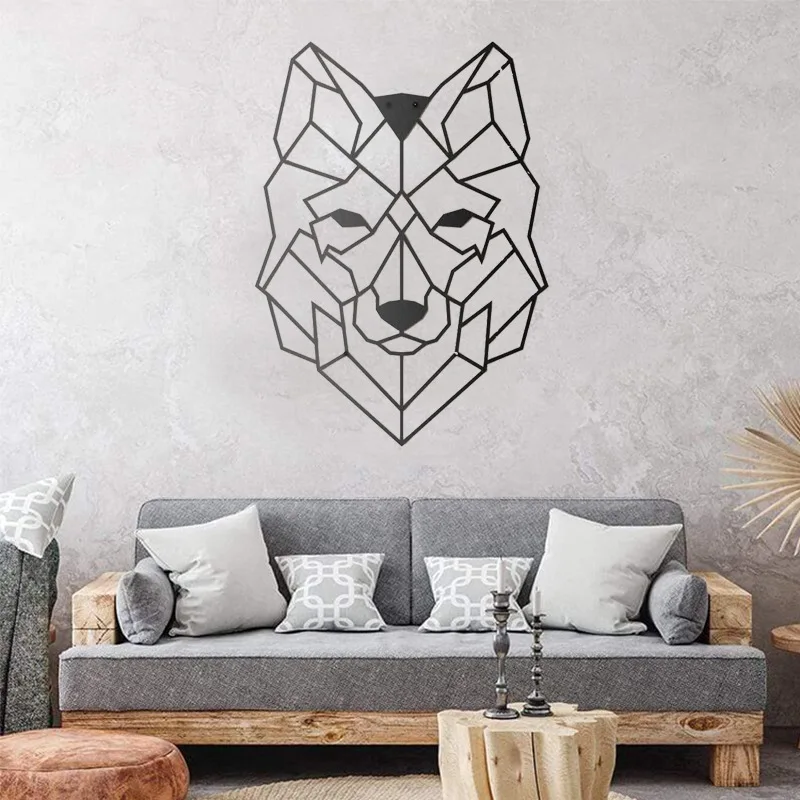 Metal Livingroom Office Geometric Wolf Head Wall Hanging Art Ornament Iron Craft Gift Gift Black Iron Art Silhouette Wall Art