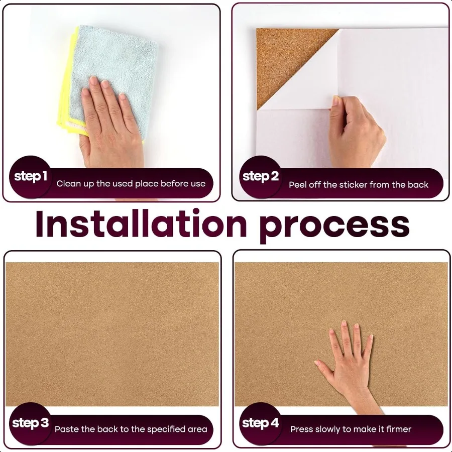 Placa de cortiça 17x8 polegadas, placas de cortiça autoadesivas para parede, escola, escritório doméstico, 4 pacotes de tabuletas de avisos com 100 alfinetes