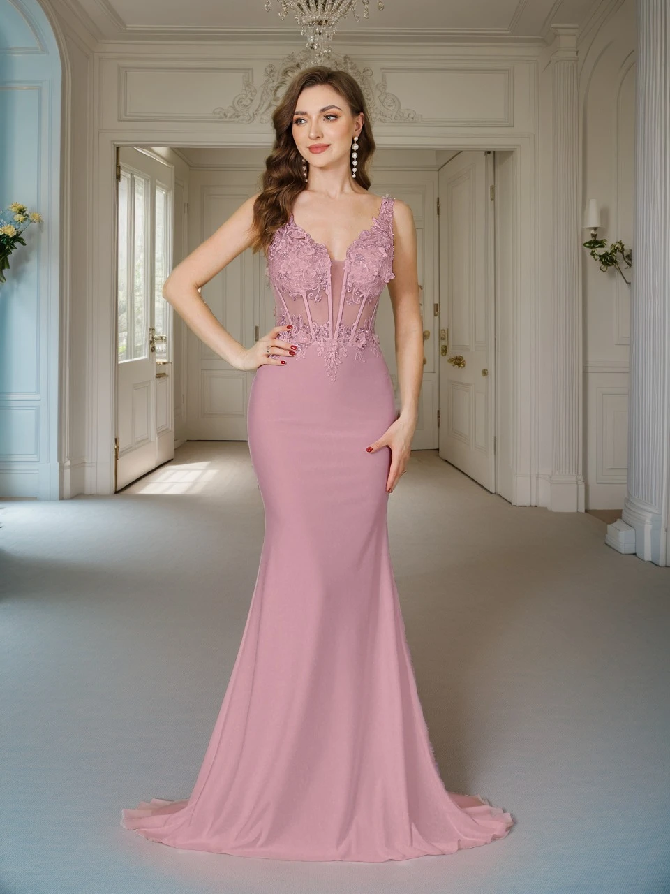 

BABYONLINE Mermaid Evening Dresses V-Neck Pearl Lace Appliques Straps Illusion Backless Prom Dress Train Wedding Bridal Vestido