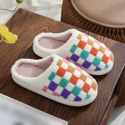 Fuzzy Slippers Fashion Checker Indoor Embroidery Houseshoes Cozy Woman Winter Fluffy House Retro Checkered Warm Cotton Shoes