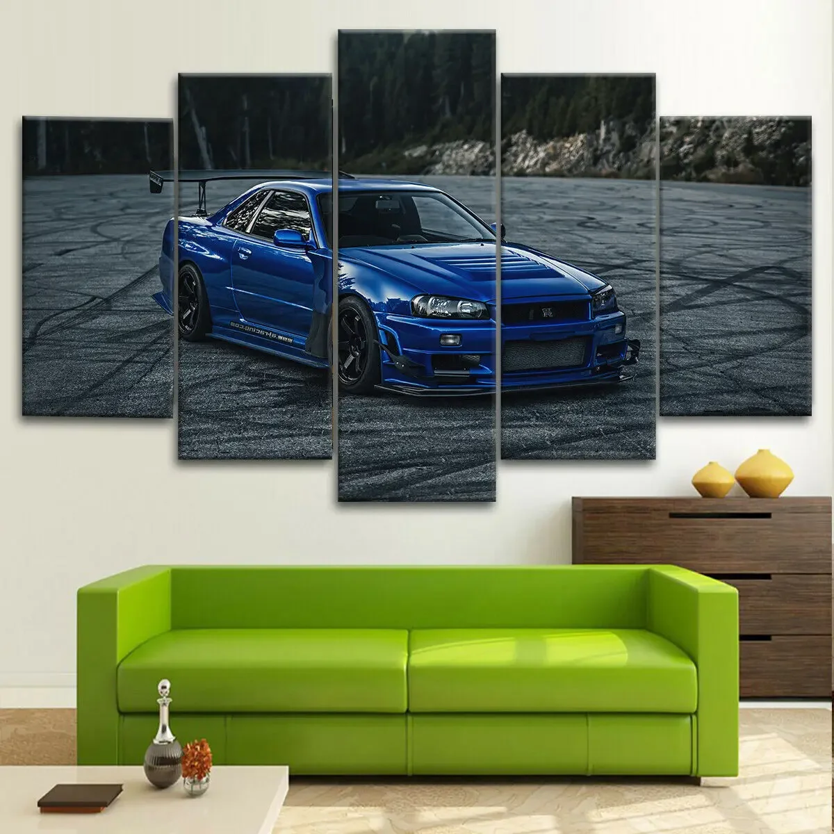 JDM Nissan Skyline Blue Modified Car Canvas Wall Art Print Home Decor HD Print Poster Room Decor Paintings 5 Panel No Framed