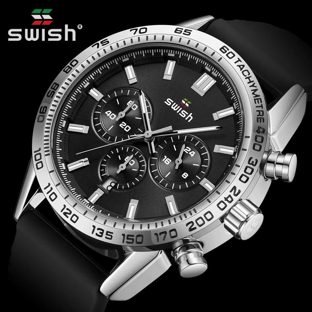 SWISH Black Sports Chronograph Quartz Male Wristwatch Auto Date Fixed Bezel Rubber Band 24 Hours Multifunctional Dial Steel