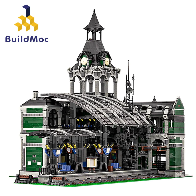 

BuildMOC Retro Architecture Train Station Building Blocks Green Style Modular Kit Architecture Railway Station Bricks Toys Gifts