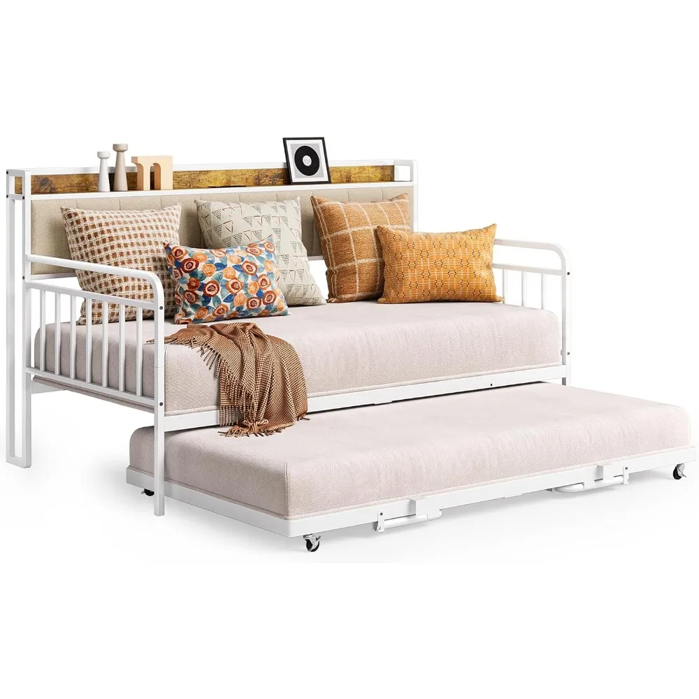 

Sofa Bed with Roller Frame, Double Bed Frame with Soft Cushion Headboard and Charging Station, Steel Bracket, Beige