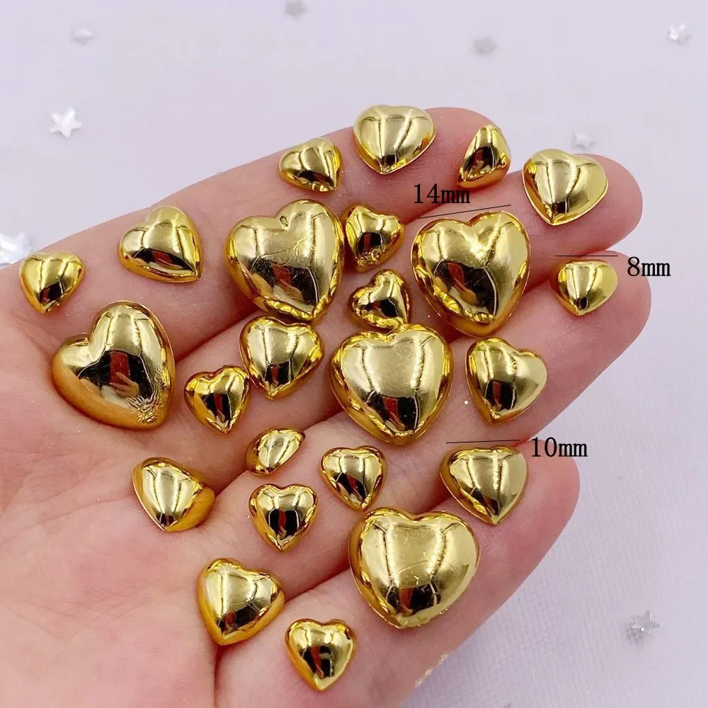 8mm 10mm 12mm Resin Golden Heart Crystal Gems Flatback Rhinestone Beads Scrapbook Wedding Applique Decor Crafts SL694