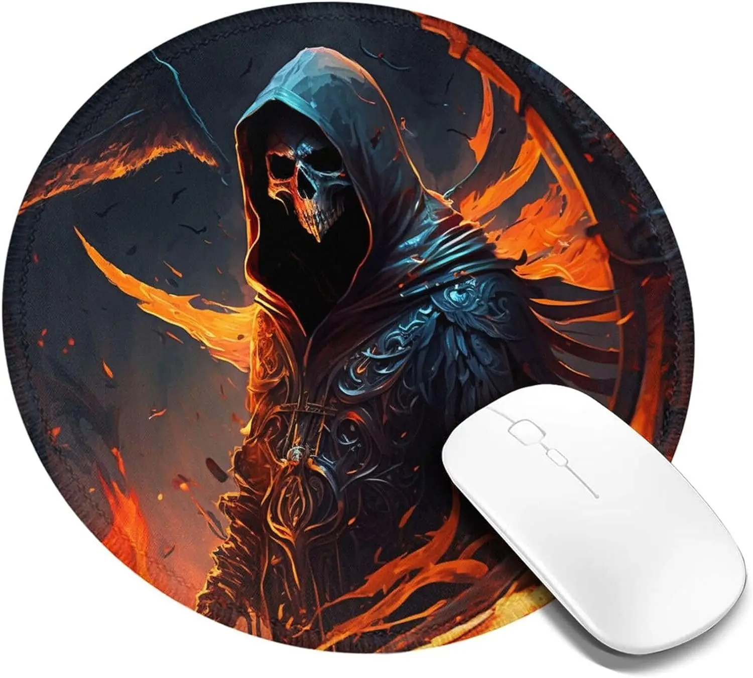 Funny Skull Round Mouse Pad Non-Slip Rubber Grim Reaper on fire Burning Gaming Mousepads with Stitched Edge for Office Computer