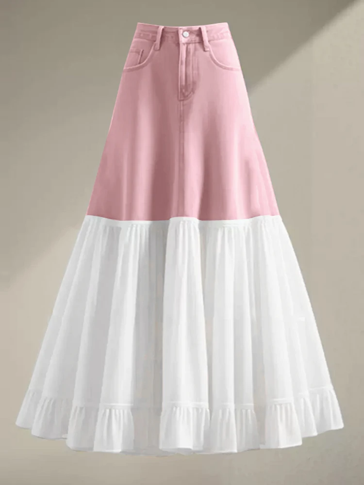 Casual French A-line Skirt High Waist Denim Patchwork Skirts VONDA 2025 Elegant Office Lady Bottoms Oversized Ankle-Length Skirt