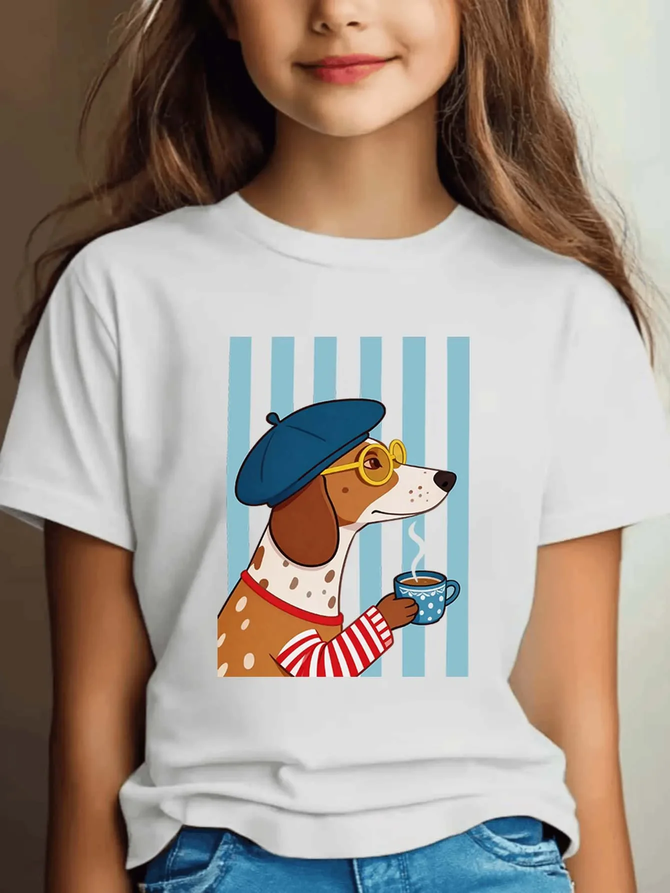 French Style Dachshund Print Boys Girls T Shirt Cute Cartoon Dog Kids Tee Parent Child Matching Casual Summer Family Daily Tops