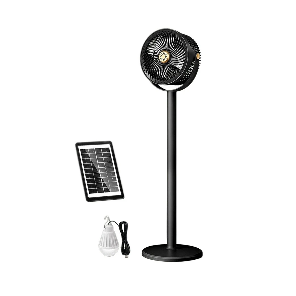 Adjustable Height Solar Floor Fan with Detachable LED Light and Dual Power Option USB or Solar Panel for Patio Tent Bedroom Use