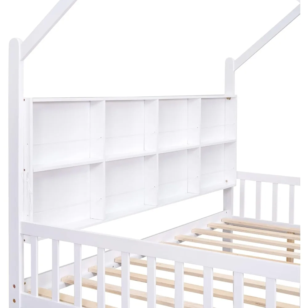 Cama de casa de tamanho completo com gavetas e prateleiras de armazenamento, estrutura de cama de madeira para crianças com telhado, camas de casinha de brincar montessori para crianças