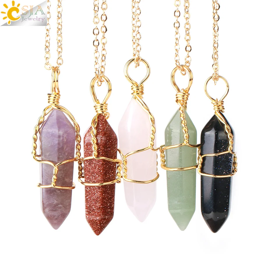 CSJA Hexagonal Crystal Necklace Stone Natural Stone Rose Crystals Quartz Pendant Healing Point Gold Color Wire Wrap Jewelry G904