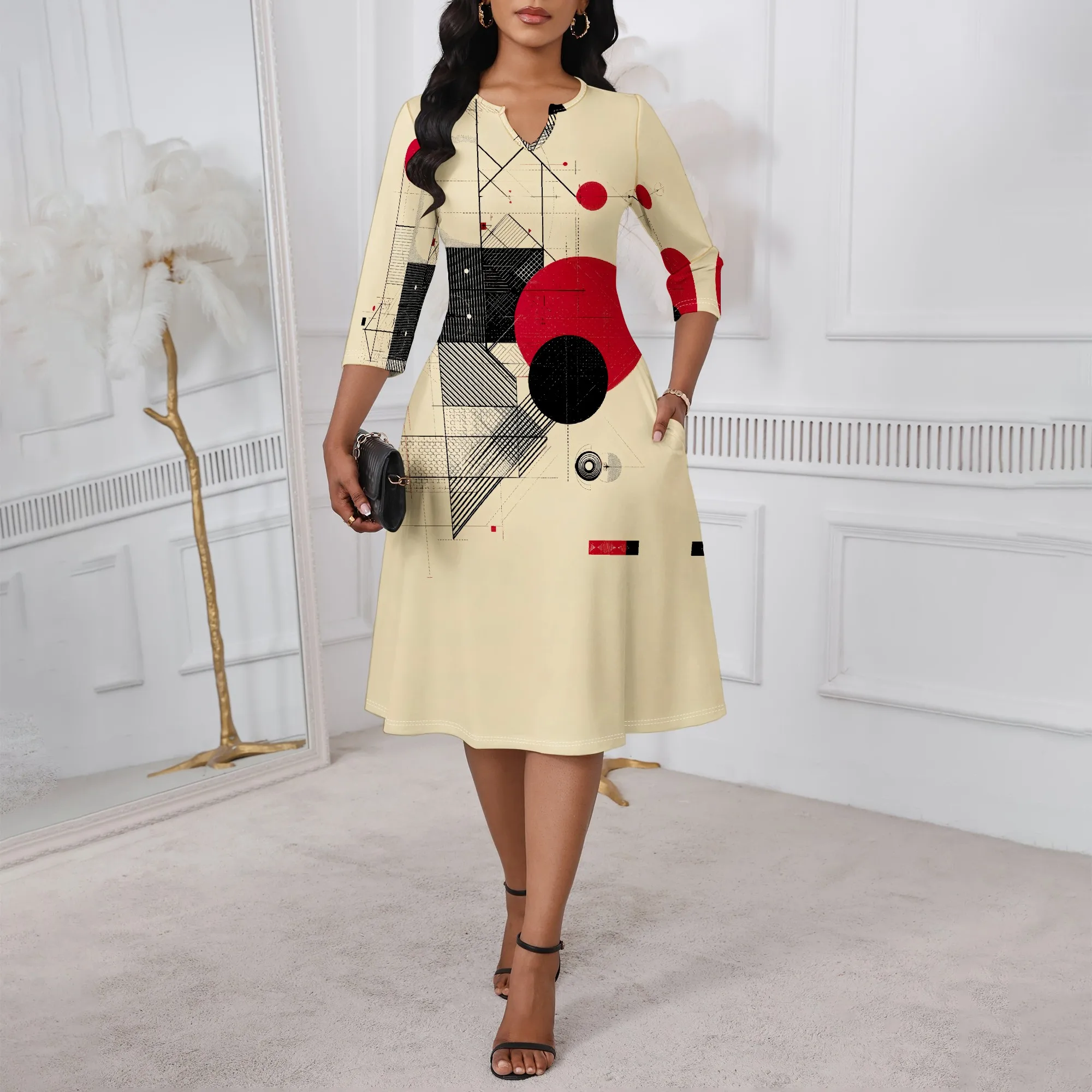 

Modern Geometric Print A-Line Dress for Women XS-3XL 3/4 Sleeve Style for Art Gallery, Creative Party or Abstract Festival Look