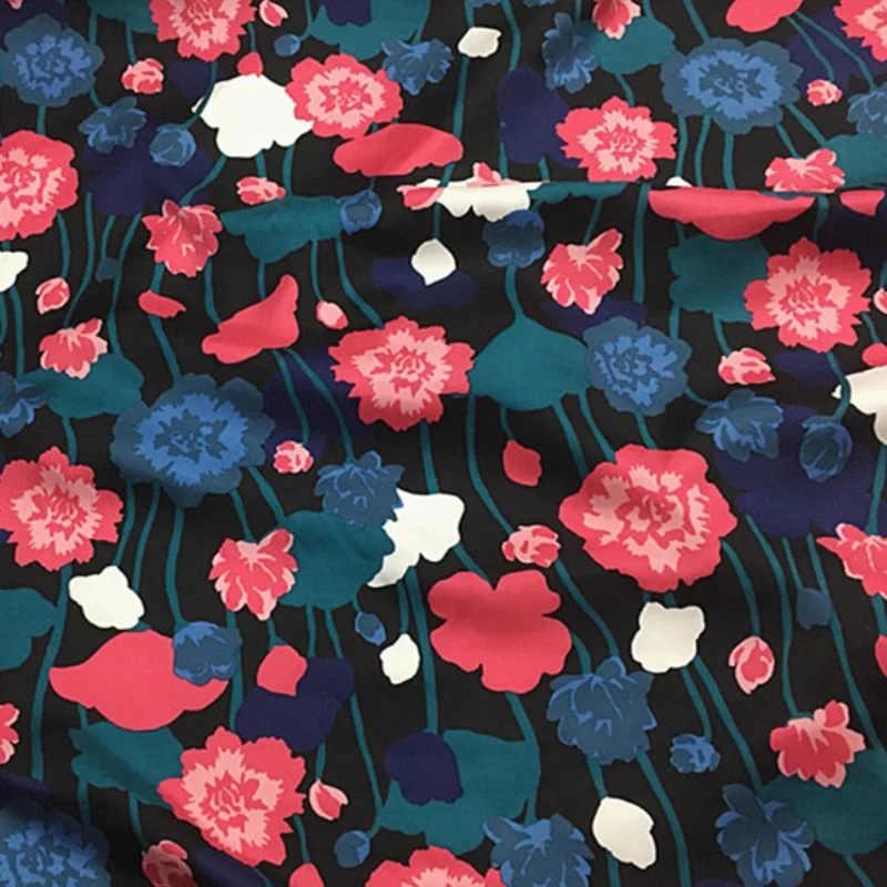 

1 meter 80% Mulberry Silk 20% Cotton 20 momme Heavy Twill Silk Fabric Black Floral Print 138cm 54" wide by the yard XL099