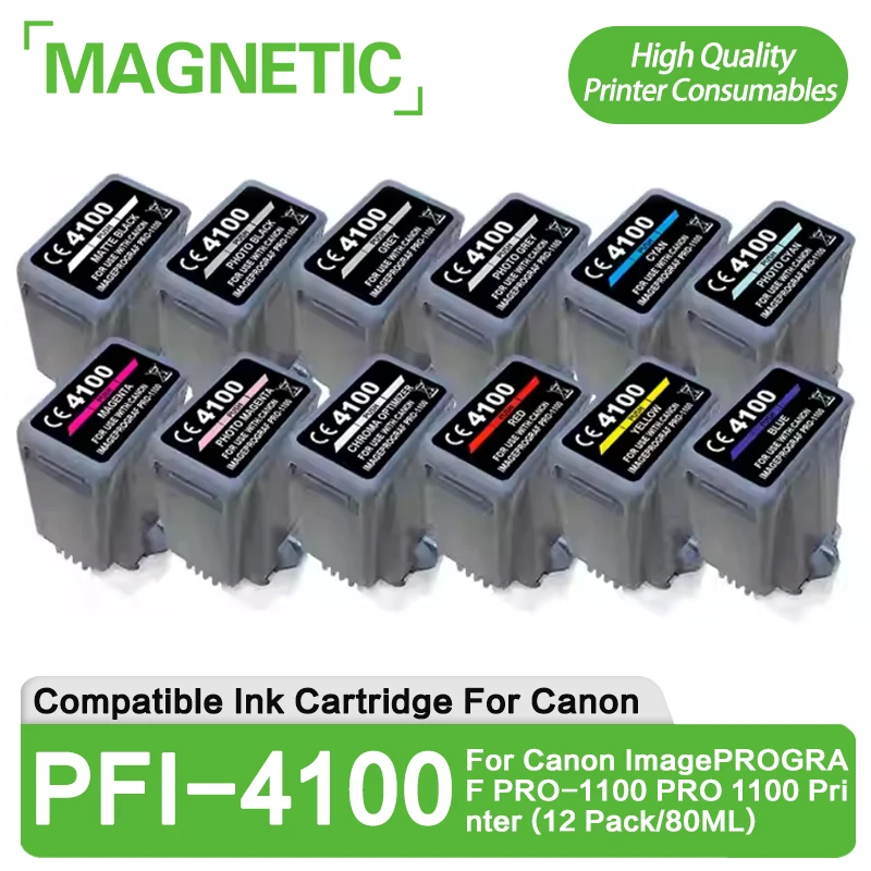 PFI4100 PFI-4100 PFI 4100 Compatible Ink Cartridge With Pigment Ink for Canon ImagePROGRAF PRO-1100 Printer (12 Pack/80ML)