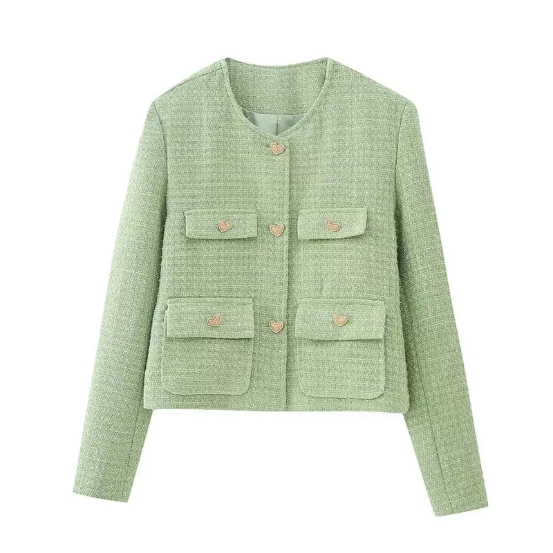 TRAF 2023 Green Tweed Jacket Women Vintage Cropped Jacket Woman Fashion Autumn Elegant Womens Jackets Long Sleeve Short Coats