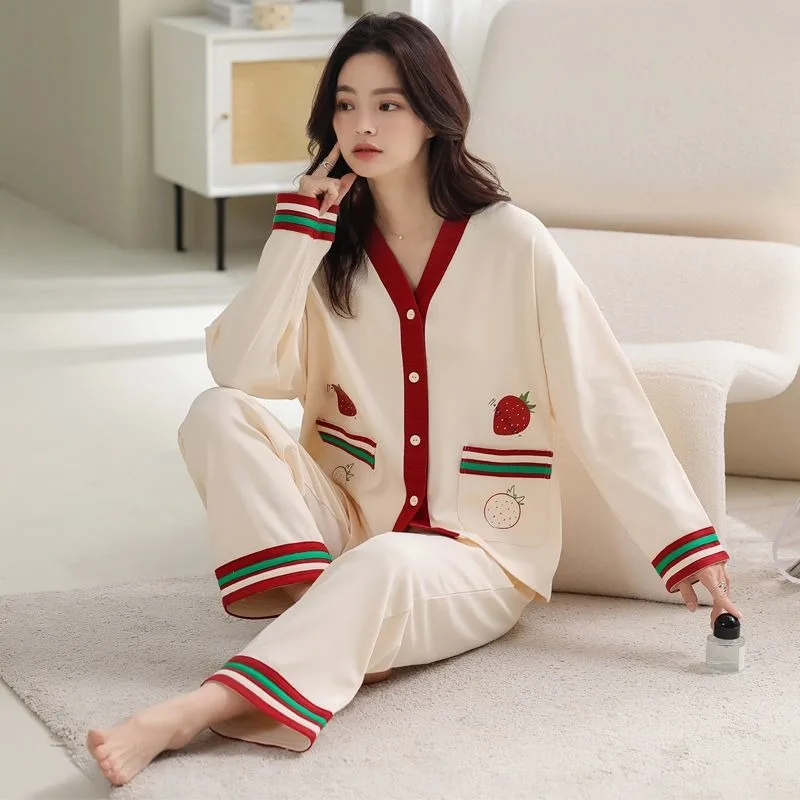 Spring Autumn Pure Cotton Pajamas Women Long-Sleeved Trousers Sleepwear Two-Piece Set Casual Sweet V-neck Student Homewear Suit