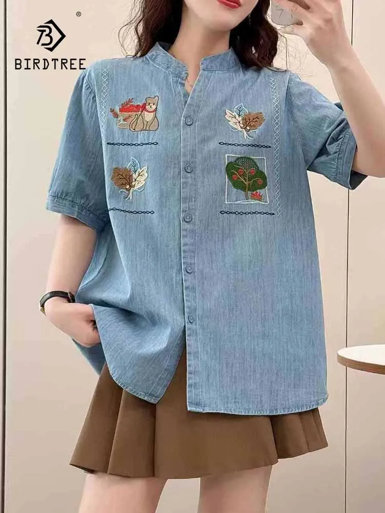 

New 2025 Summer Short Sleeve Denim Shirt, Women V Neck Cartoon Embroidery, Mori Girl Retro Sweet Casual Loose Blouse T57556CC