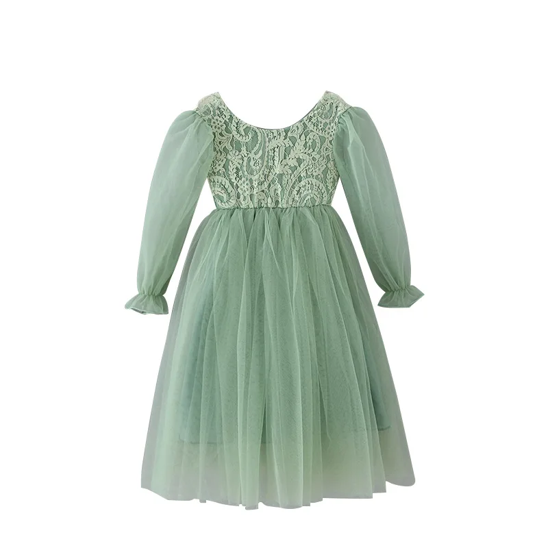 Girl Party Dresses Long Sleeves Sage Green Open Back Flower Girl Dresses Prom Dresses Formal Clothes E0409