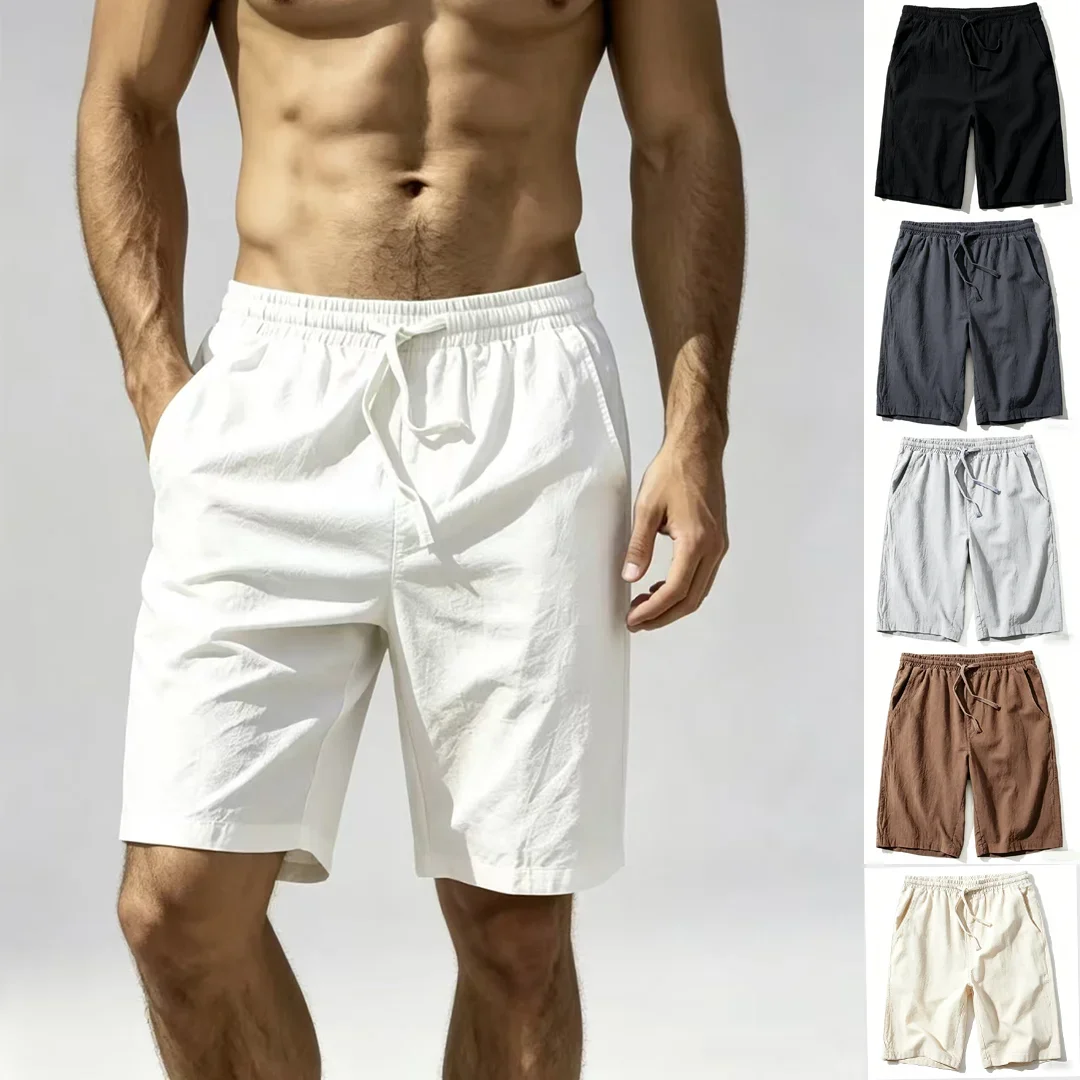 Men 100% Cotton Solid Casual Shorts Summer Loose Drawstring Elastic Waist Bermuda Shorts With Pockets Male Daily Shorts