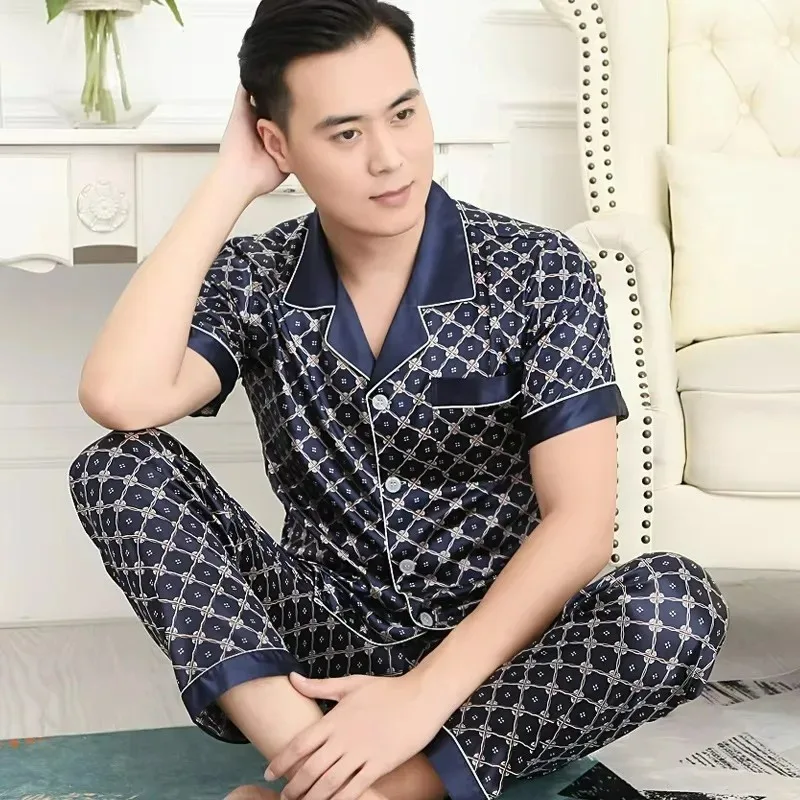 Hohe Qualität Mode Klassische Männer Pyjamas Langarm Kurzarm Shorts Nachtwäsche Männlich Gedruckt Eis Seide Satin Homewear Sets