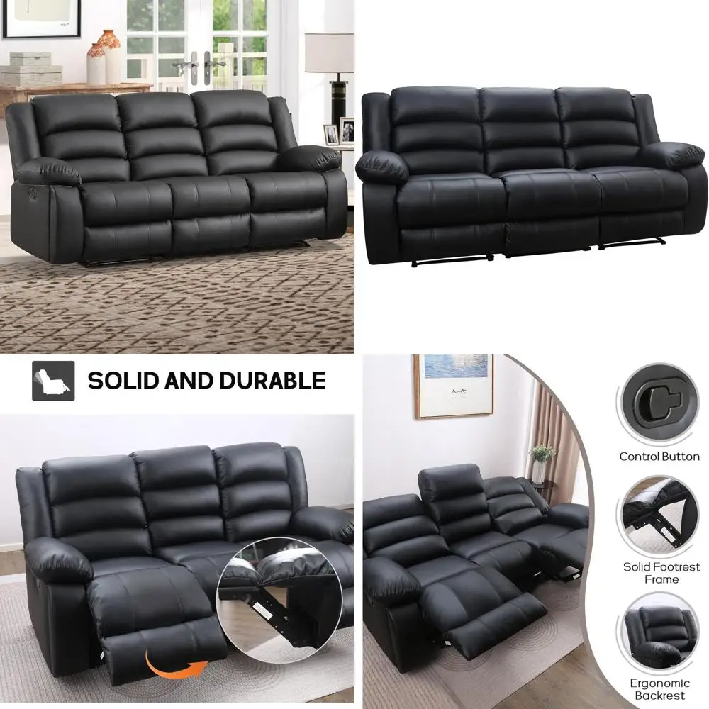 

Leather Manual Reclining Sofa with 2 Hidden Cup Holders, Overstuffed Armrests, 3-Seat Recliner for Living Room, Bedroom, or Meet