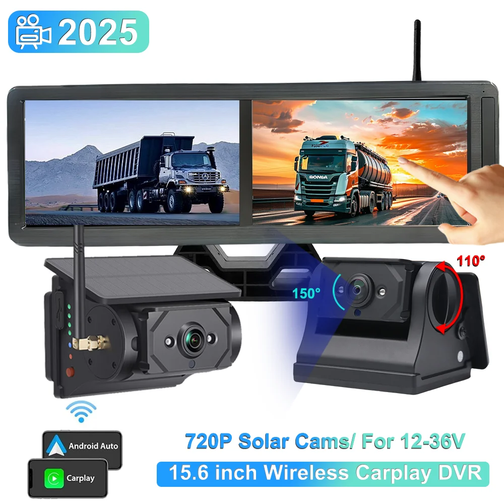 SANAN 15,6-дюймовый Android Auto Carpaly беспроводной грузовик DVR рекордер сенсорный монитор солнечный магнит камера заднего вида для кемпера/грузовика/фургона