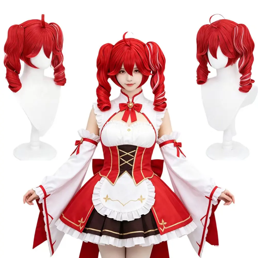 

Red Long Curly Pigtail Wig with White Streaks 15 Inches Heat Resistant Synthetic Hair Adjustable Cap for Cosplay & Daily Use