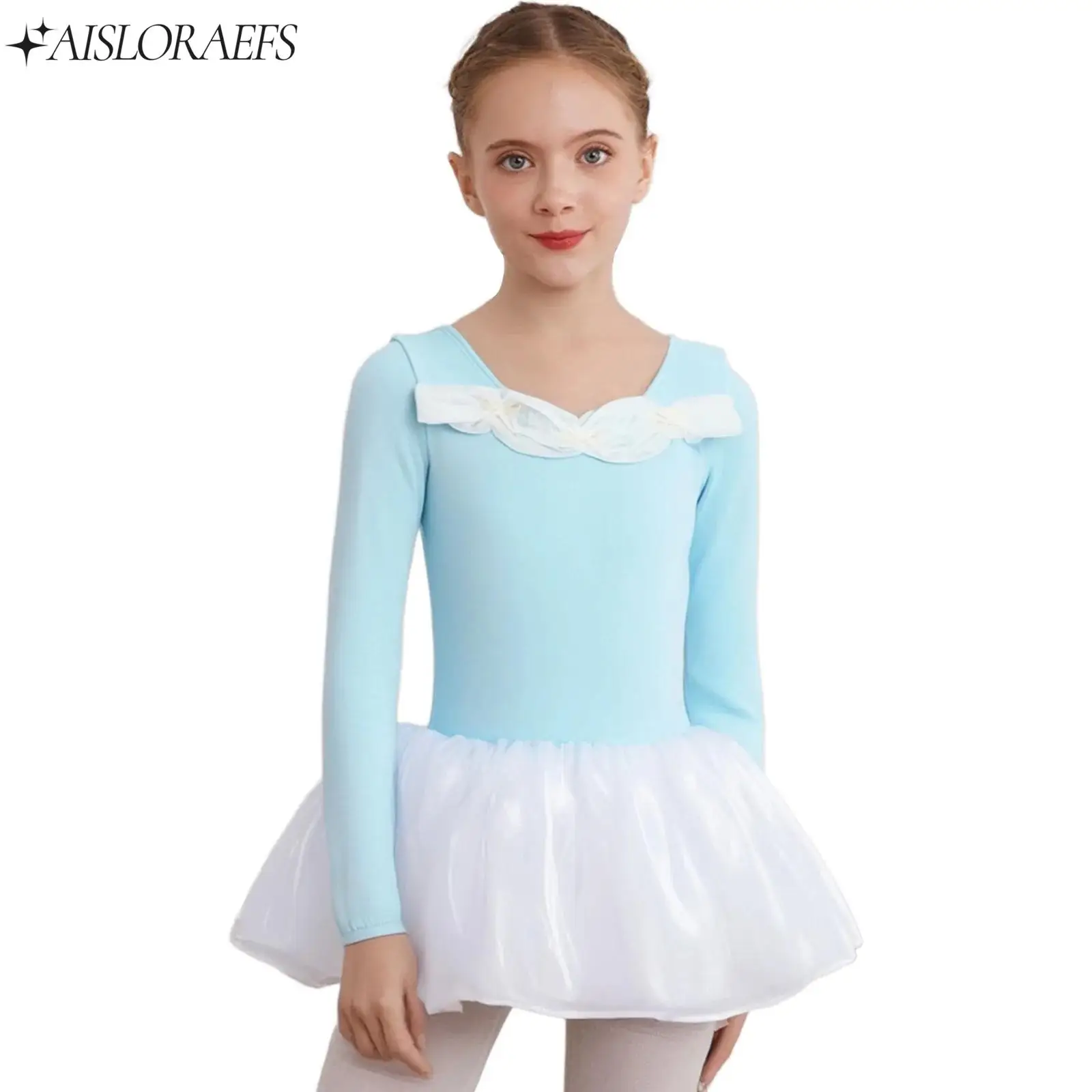 

Child Girls Ballet Tutu Dance Dress Stage Performance Competition Costume Long Sleeve Cute Bowknots Tulle Dress for School Show