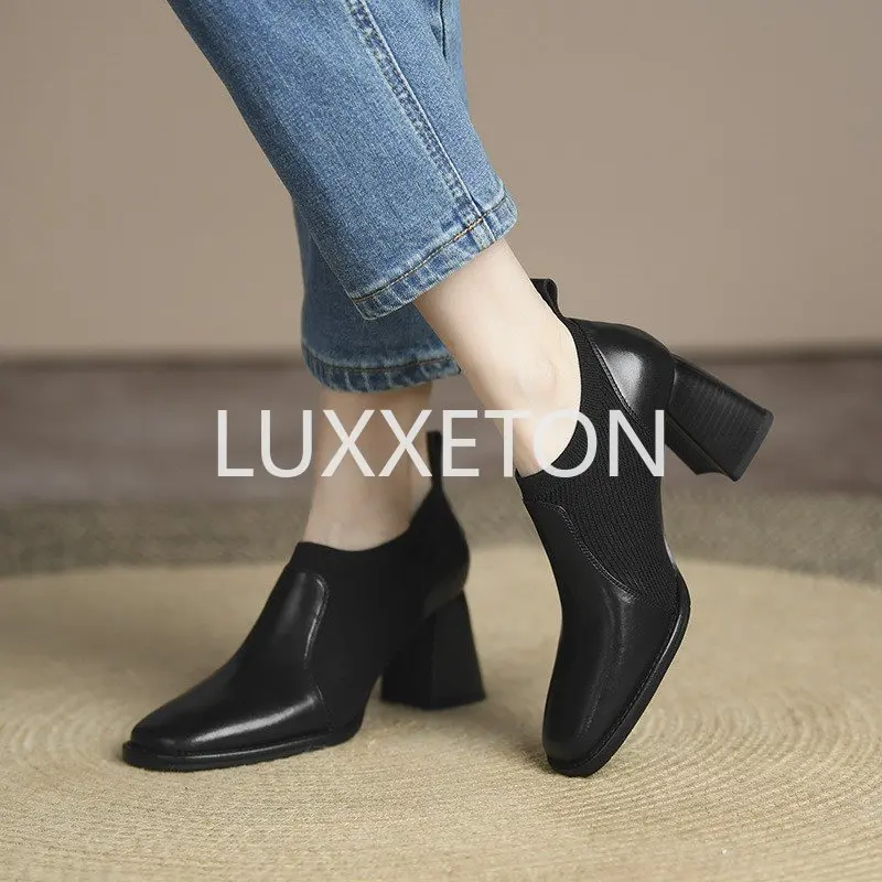 2023 Spring and Autumn New Thick Heel High Heels Women\'s Naked Boots Knitted Leather Single Shoes British Small Leather Shoes